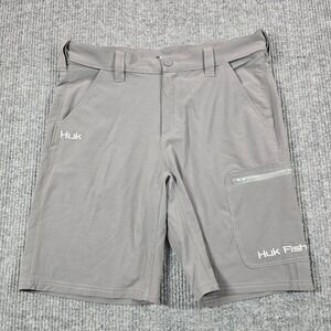 Huk Shorts Mens Large 36 Gray Cargo Flat Front Pockets Stretch 10 Inseam